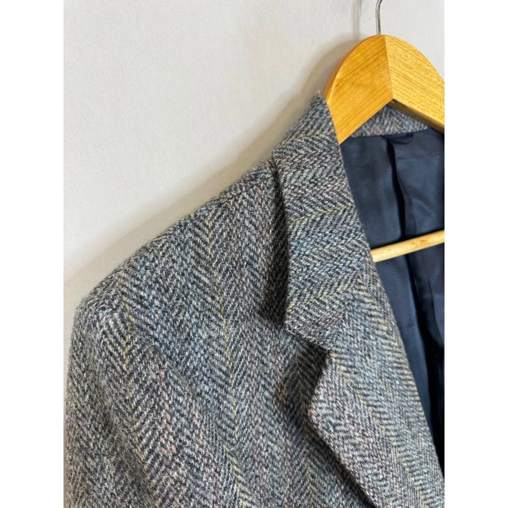 Harris Tweed The Bay Mens Grey Herringbone Wool Blazer Sport Coat 42R Vintage